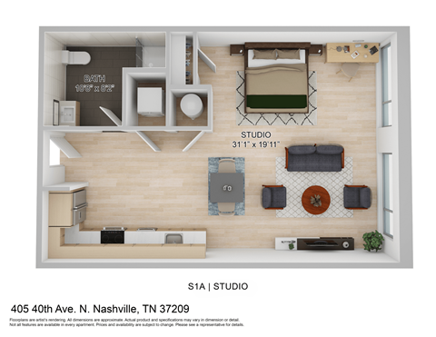 a stylized floor plan of a studio apartment